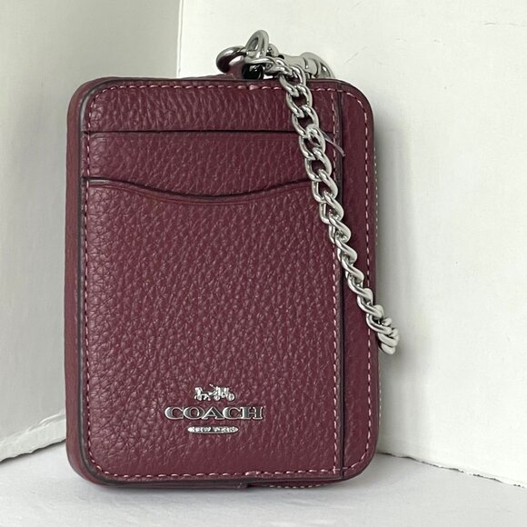 Coach Handbags - Coach Zip Card Case ID Wallet Red Wine Pebbled Leather 6303 Mini Chain Strap